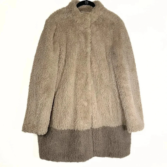 Kenneth Cole Women's Full-Snap Faux Fur Teddy Coat Size XL Color Block Tan Brown - Picture 2 of 8